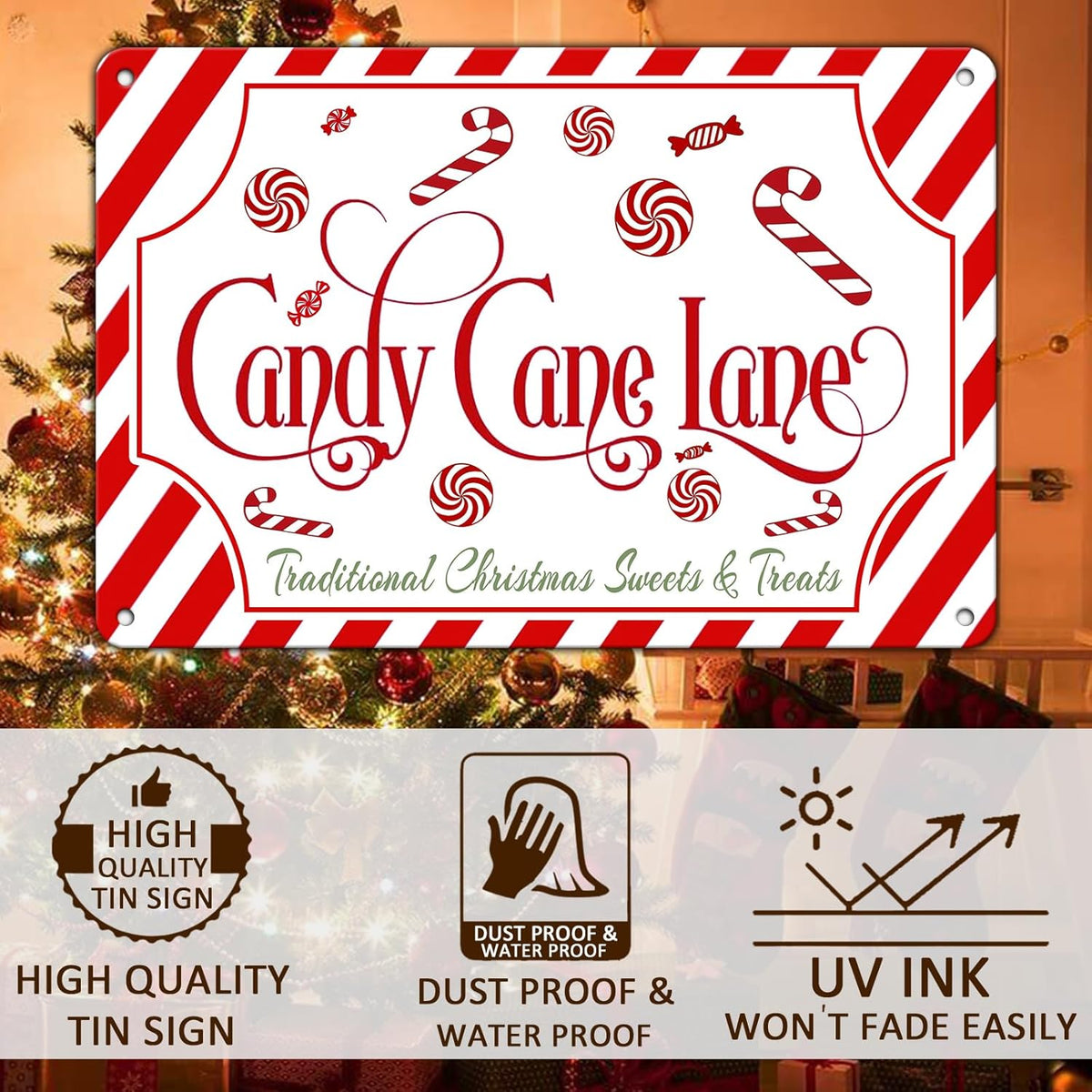 Christmas Candy Cane Lane Metal Tin Sign Traditional Christmas Sweets and Treats Winter Sign for