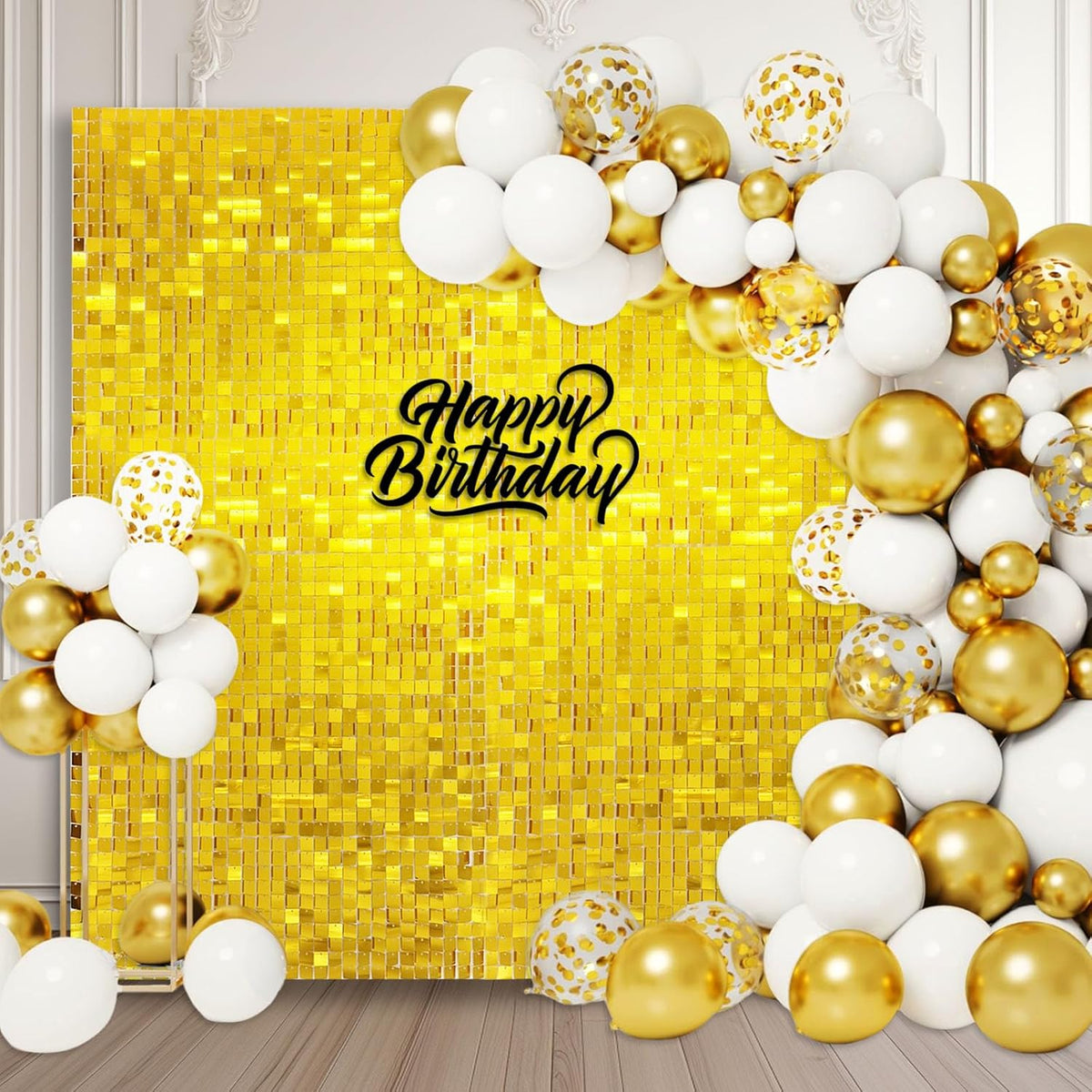 24PCS Gold Shimmer Wall Backdrop, Square Sequin Backdrops Panel, Glitter Wall Background for