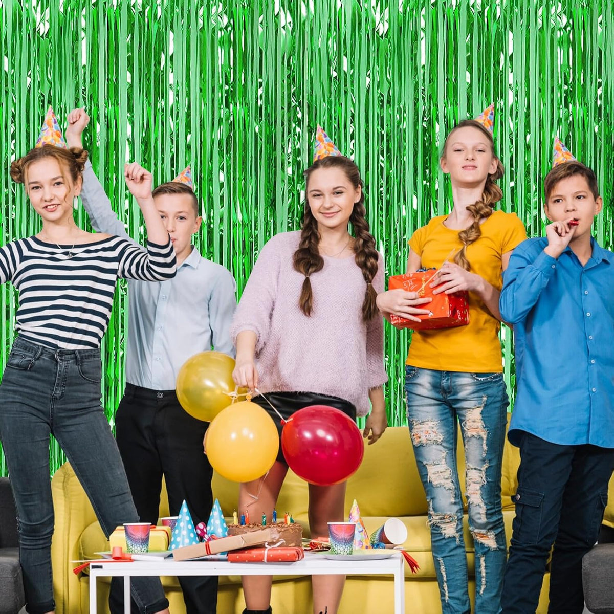 Green Fringe Curtain Party Streamers, 12 Pack 3.3ft x 8.2 ft Foil Curtain Backdrop Tinsel Foil