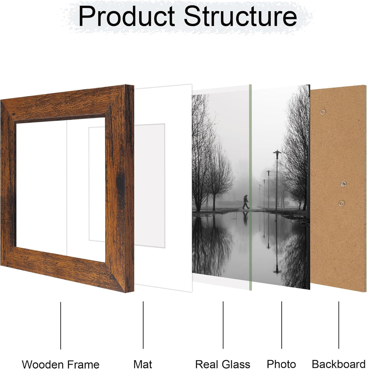 6x6 Picture Frame Set of 4 with Real Glass, Rustic Frames Display 4x4 Picture with Mat or 6 x 6