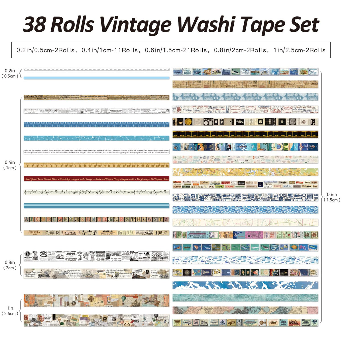 38 Rolls Vintage Washi Tape Set, Vintage Travel Stamp Map Scenery Art Letter Writable Decorative