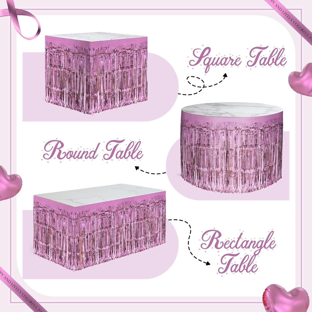 2 Pack Pink Table Skirts, 29x108" Metallic Foil Tinsel Fringe Table Skirts for Rectangle Tables