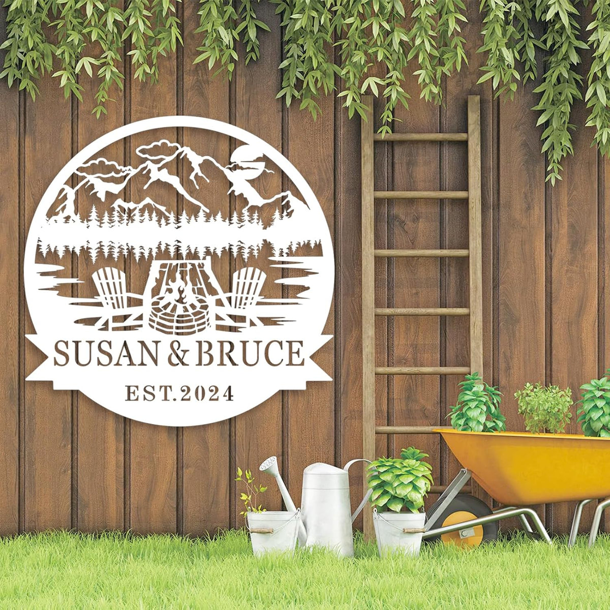 Custom Metal Family Name Sign, Custom Campfire Metal Name Sign, Campsite Monogram Forest
