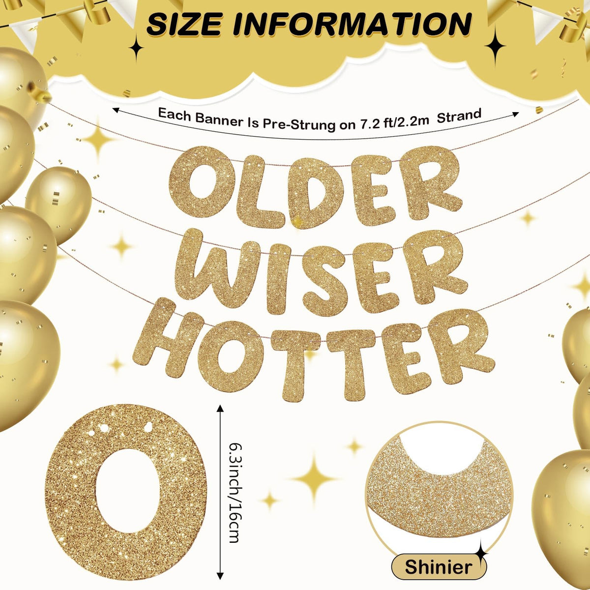 Fulmoon Set of 3 Pre Strung Older Wiser Hotter Glitter Banner Funny Birthday Banner for Women 30th