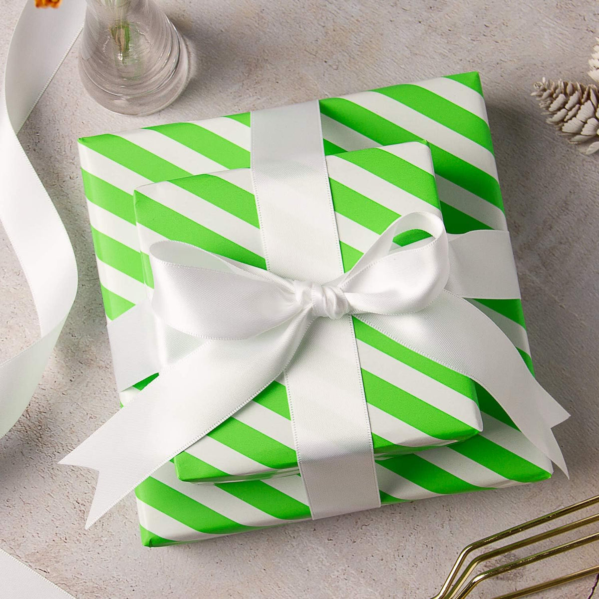 WRAPAHOLIC Reversible Wrapping Paper - Mini Roll - 17 Inch x 33 Feet - Green and Stripes Design for