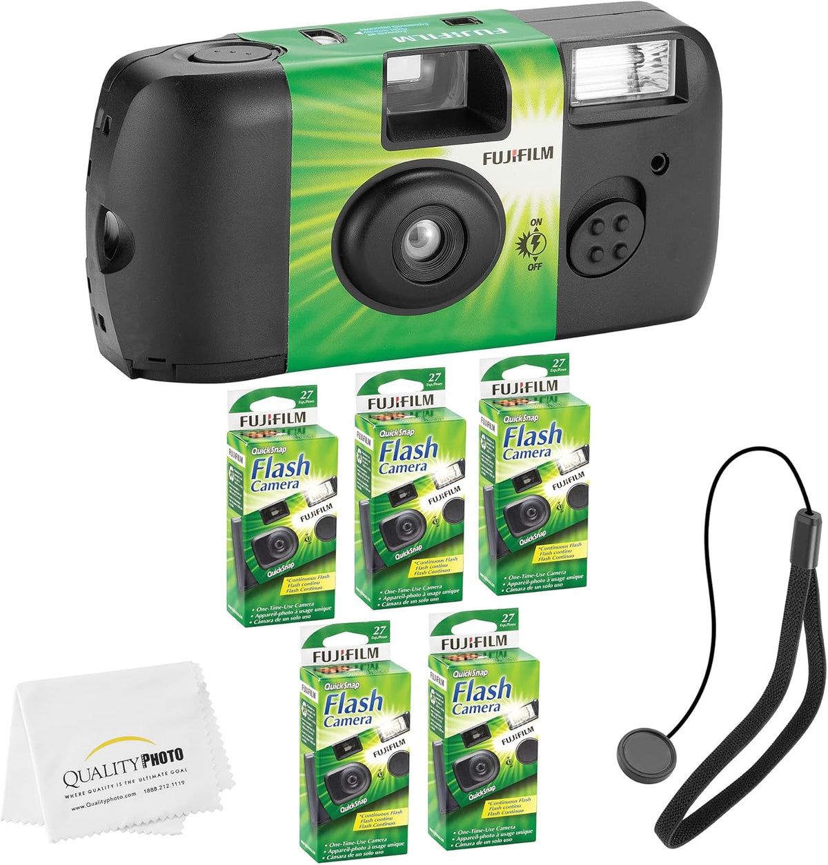 Fujifilm QuickSnap Flash 400 Disposable 35mm Camera + Hand Strap + Quality Photo Microfiber Cloth