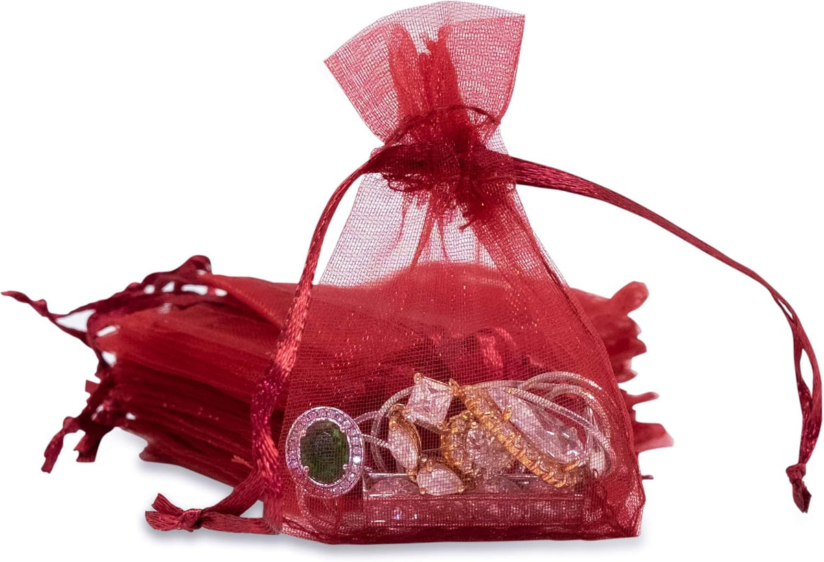 TheDisplayGuys 48-Pack 2" x 2-3/4" Maroon Sheer Organza Gift Bags with Drawstring, Jewelry Candy