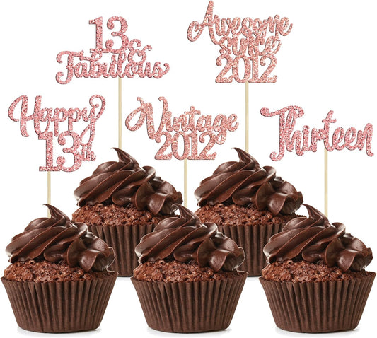 30Pcs Vintage 2012 Cupcake Toppers Glitter Thirteen 13 Fabulous Happy 13th Birthday Cupcake Picks