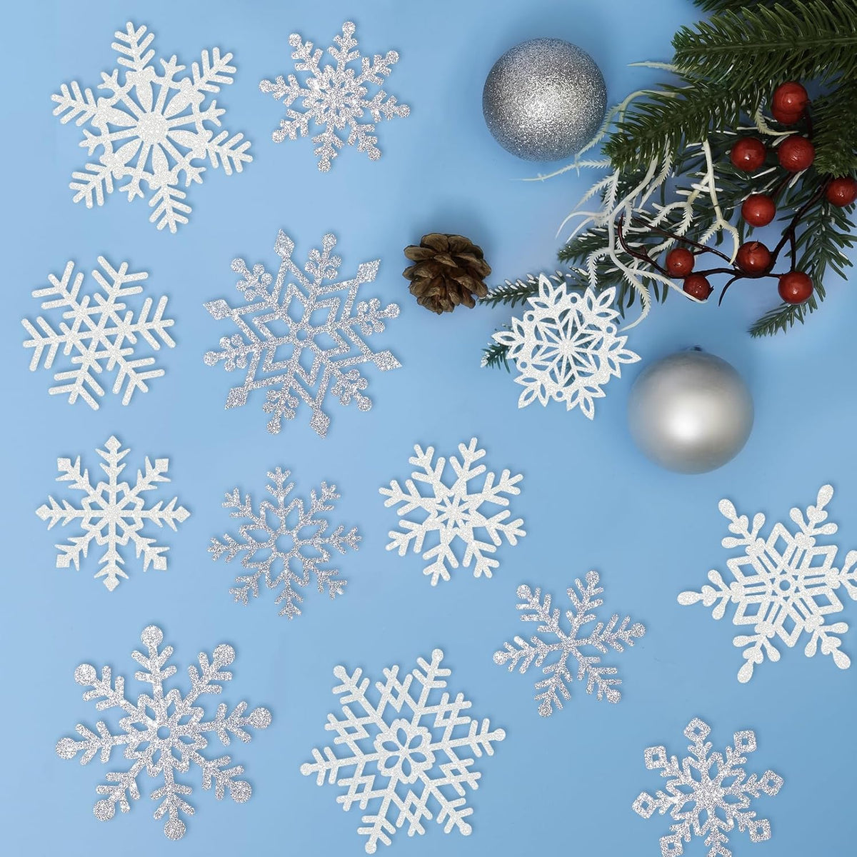 Winter Snowflake Cutouts - Glitter Paper Snowflake Decorations - 50Pcs White & Silver Double-Side