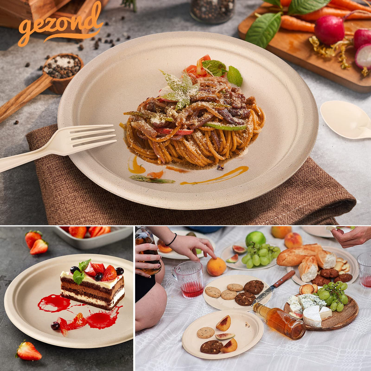 Gezond 250Pcs Disposable Paper Plates Set, Compostable Plate Sugarcane Utensils Eco Friendly