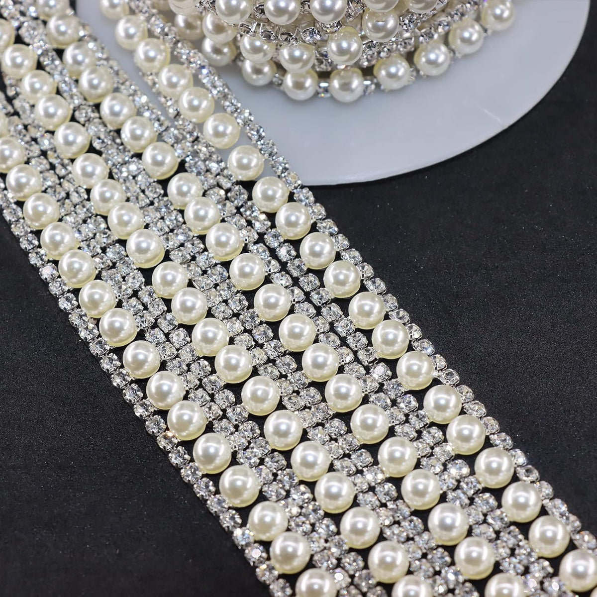 Jerler Rhinestone Trim Applique 1 Yard 2 Rows Crystal Chain Banding Diamond Inlaid White Pearl