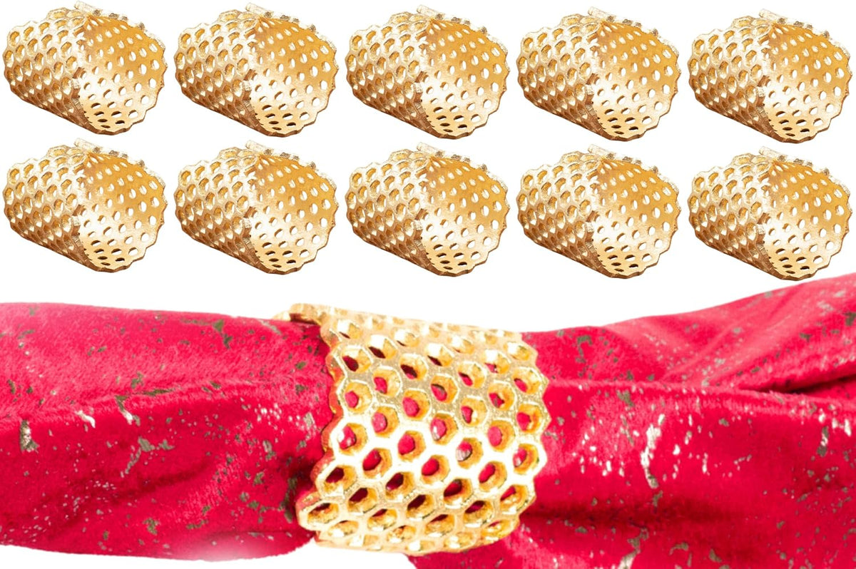 Gold Honeycomb Napkin Rings Set of 10 - Elegant Lightweight Metal Serviette Holders for Dining