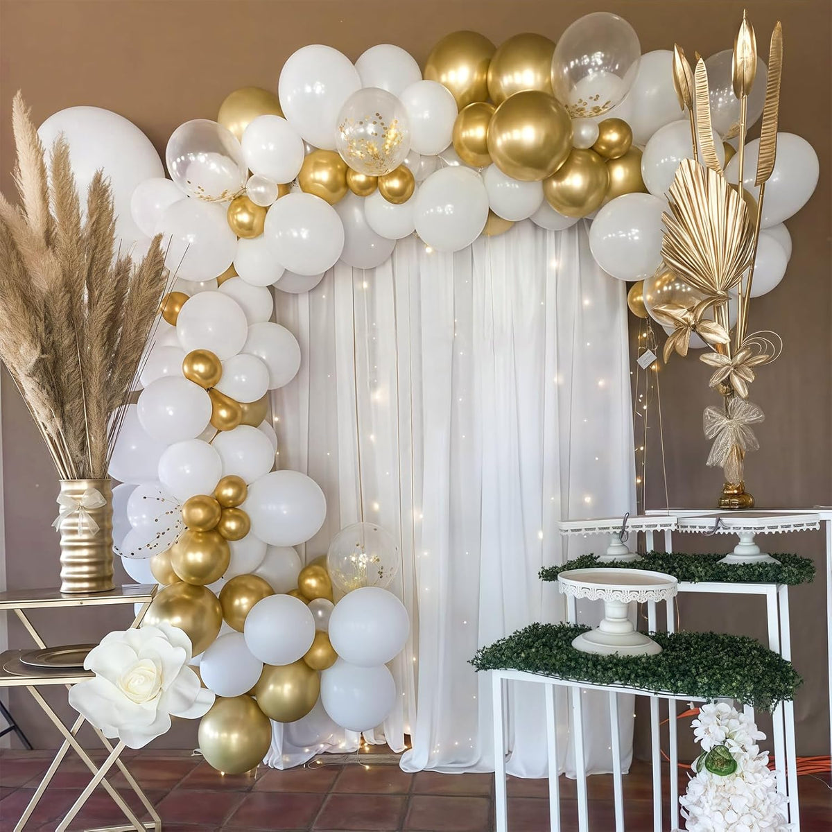Netnology Gold and White Balloons Set, 60Pcs 12 Inch White Metallic Gold and Gold Confetti Latex