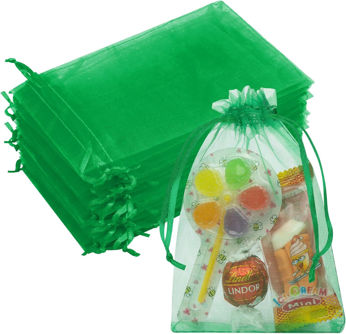 50 Pcs 4x6 Inch Green Mesh Bags, Organza Bags with Drawstring Small Mesh Pouch for Christmas Gift