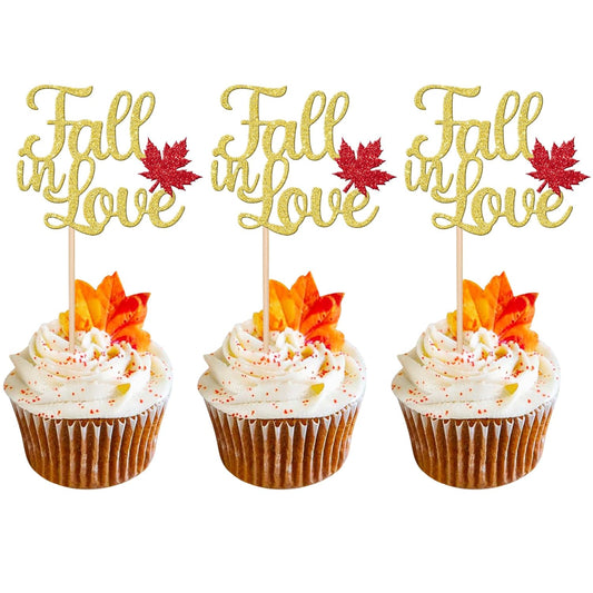 24 PCS Fall in Love Cupcake Toppers Glitter Maple Leaf Fall Theme Bridal Shower Cupcake Picks