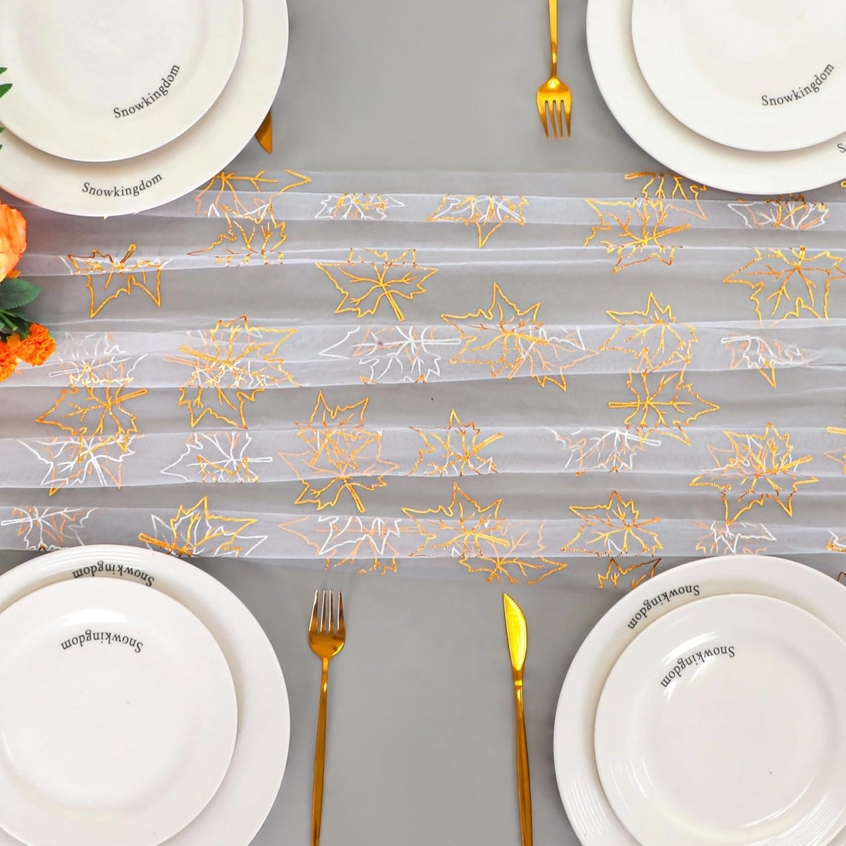 Snowkingdom Fall Table Runner, 10ft Gold Maple Leaves Gauze Chiffon Table Runners, Thanksgiving