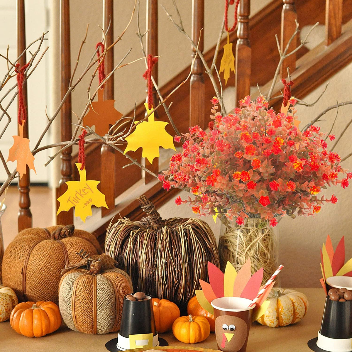 Artificial Fall Flowers, Fake Outdoor UV Resistant Autumn Plants for Home Kitchen Christmas