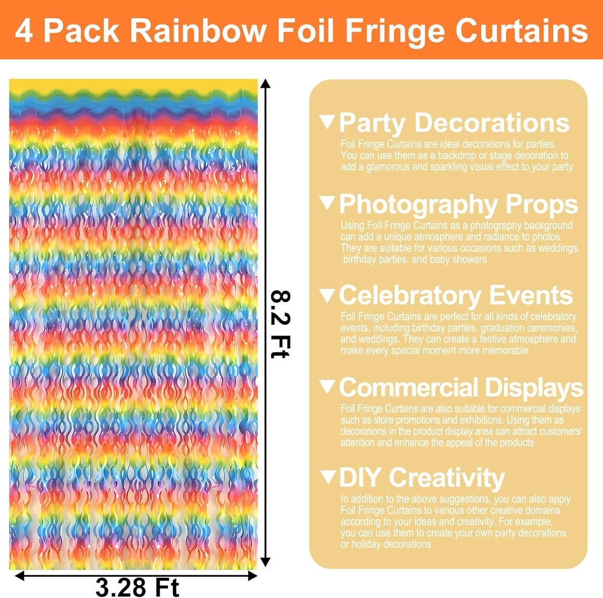 4 Pack Dark Rainbow Wave Foil Fringe Curtain Backdrop, 3.28Ft x 8.2Ft Metallic Tinsel Foil Fringe