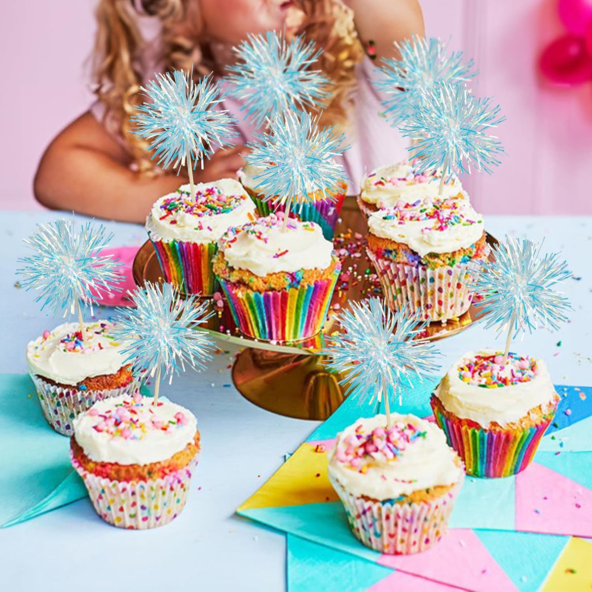 Gyufise 30Pcs Foil Firework Cupcake Toppers Sparkle Tinsel Cake Toppers Tinsel Drink Cake
