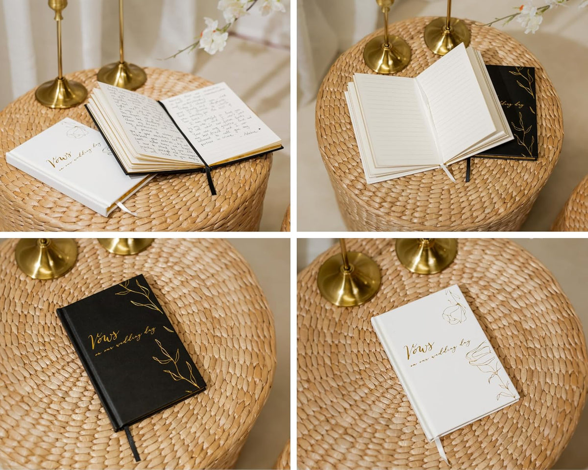 Vows On Our Wedding Day Vow Books (Set of 2) - Black & White Pocket Sized Foil Embossed Foliage