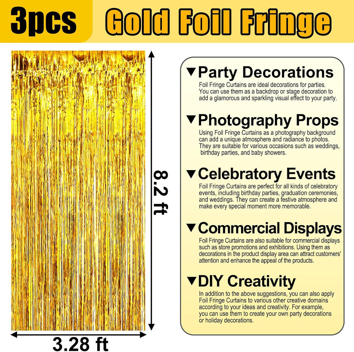 3 Pack Gold Foil Fringe Curtain Backdrop, 3.28Ft x 8.2Ft Metallic Tinsel Foil Fringe Streamer
