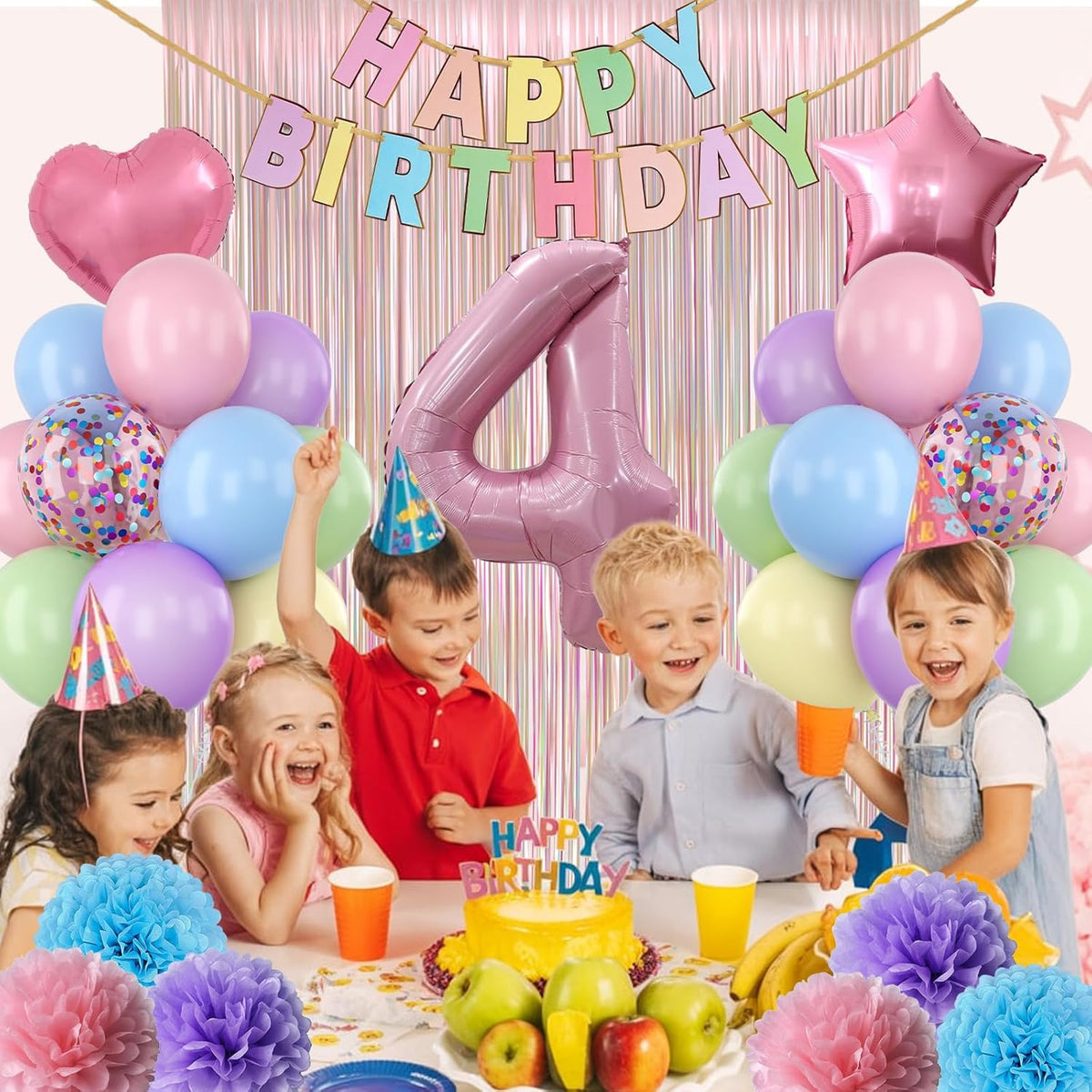 Pastel 4th Birthday Party Decorations for Girls Number 4 Balloon Happy Birthday Banner Butterfly