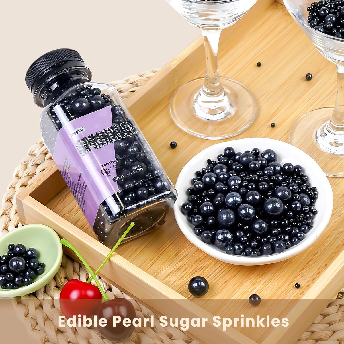 Edible Black Pearl Sugar Sprinkles, Black Pearl Sprinkles for Cake Decorating, 180g/6.35oz, Cupcake