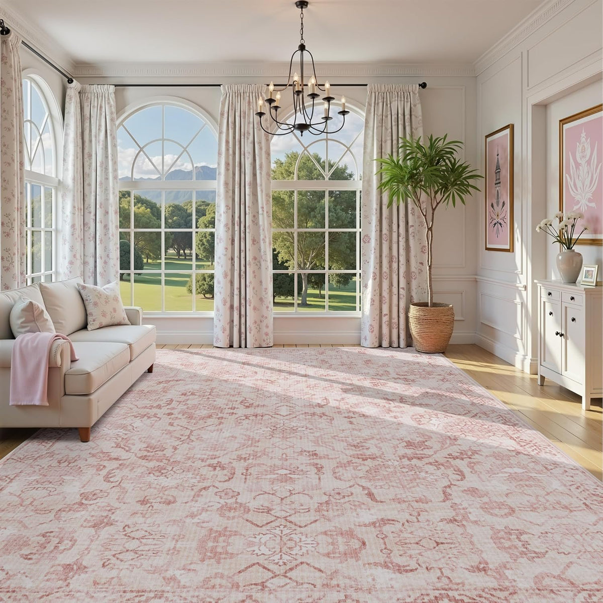 Pink Extra Large Area Rug 10x14 for Living Room, Distressed Washable Rug for Dining Room Bedroom