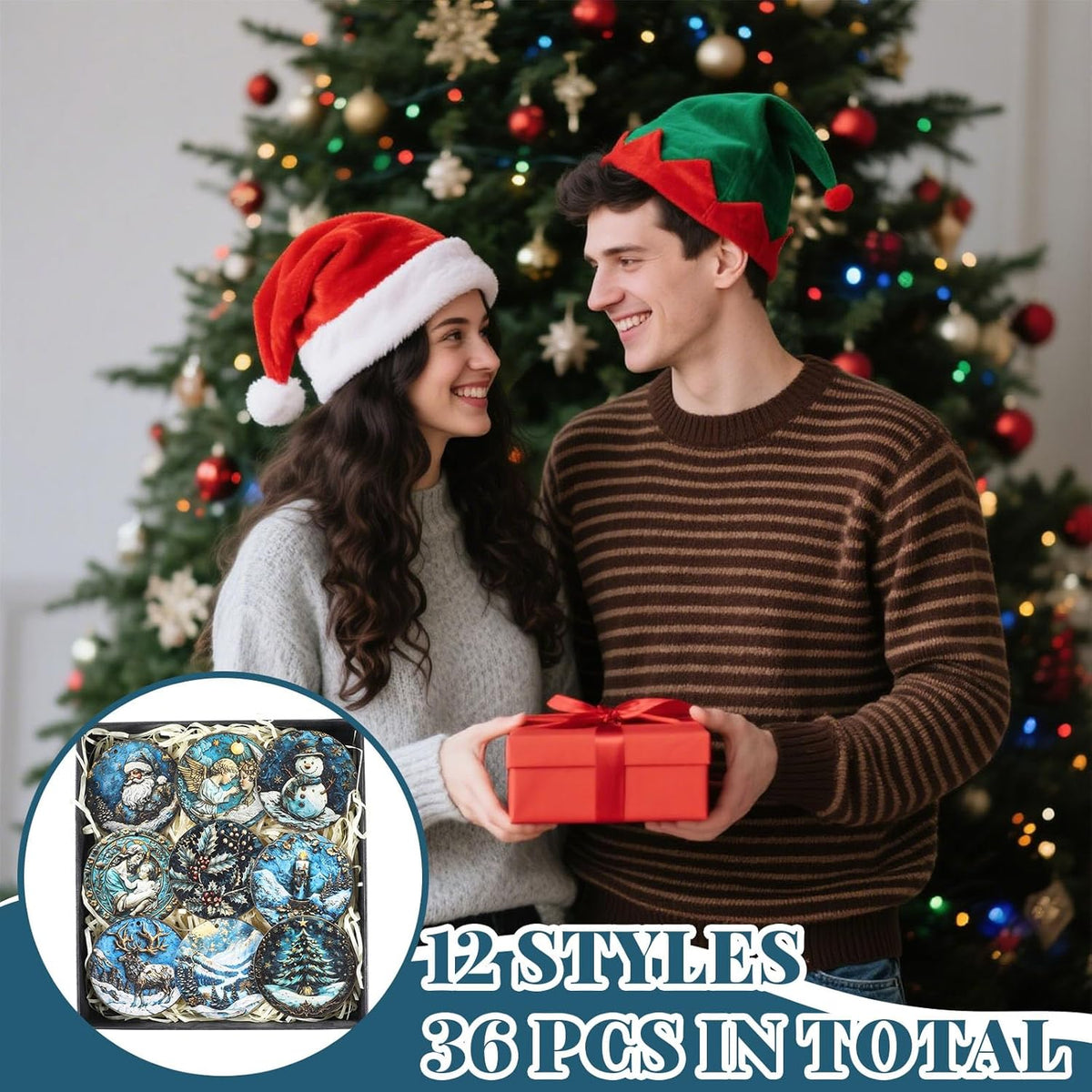 Suzile 36 Pcs Christmas Wooden Ornaments Navy Blue Christmas Tree Decoration Retro Round Nativity