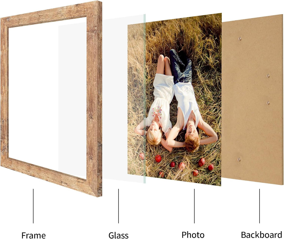 8.5x11 Picture Frame Set of 4, High Definition Real Glass Rustic Brown Frame, Wood Photo Frames 8.5