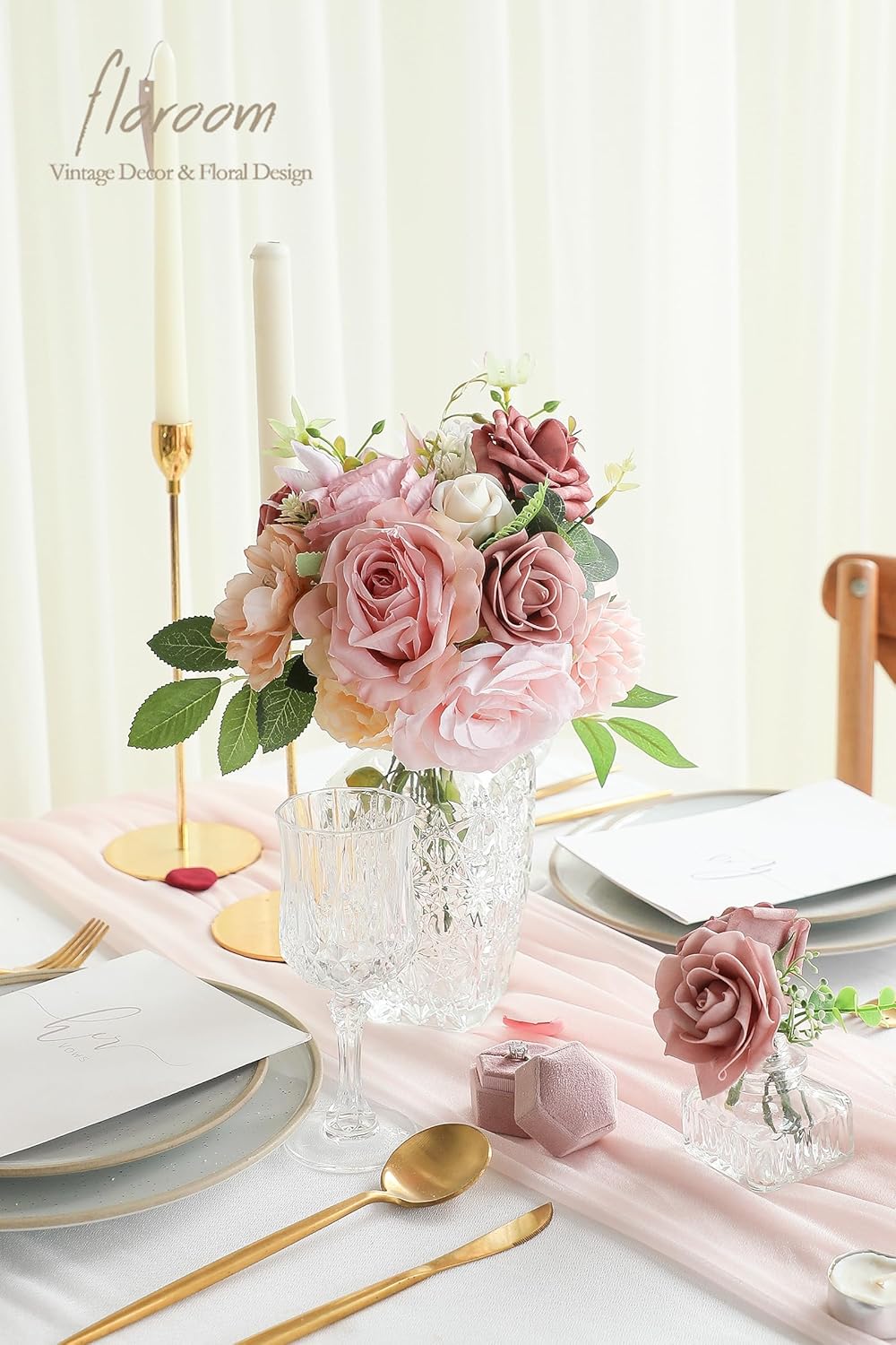 Floroom Dusty Rose Artificial Flowers Fake Roses Peonies and Greenery Combo Box Set for DIY Wedding