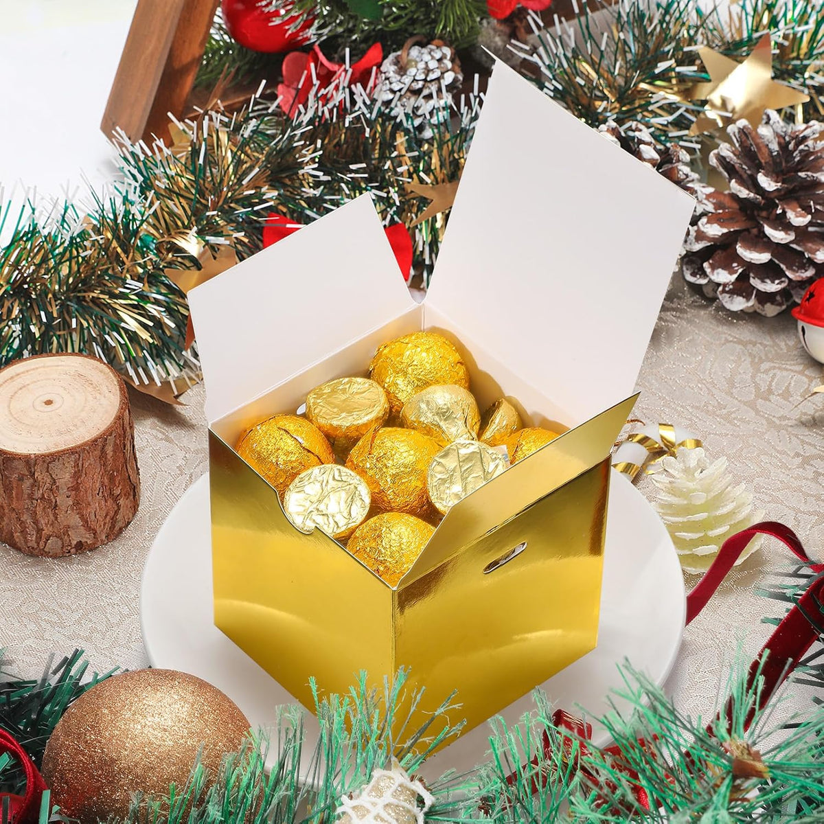 DOYIDE 60 Pcs Small Gift Boxes, 3x3x3 inches Kraft Paper Gift Box with Ribbons, Gold Candy Boxes