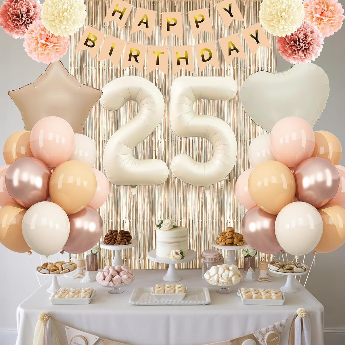 Beige 25th Birthday Decorations for Her Cream Number 25 Balloon Nude Gold Happy Birthday Banner