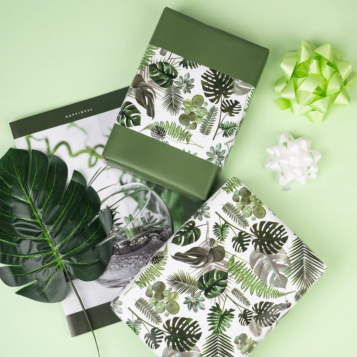 WRAPAHOLIC Reversible Tropical Wrapping Paper - Mini Roll - 17 Inch X 33 Feet - Green Monstera Leaf