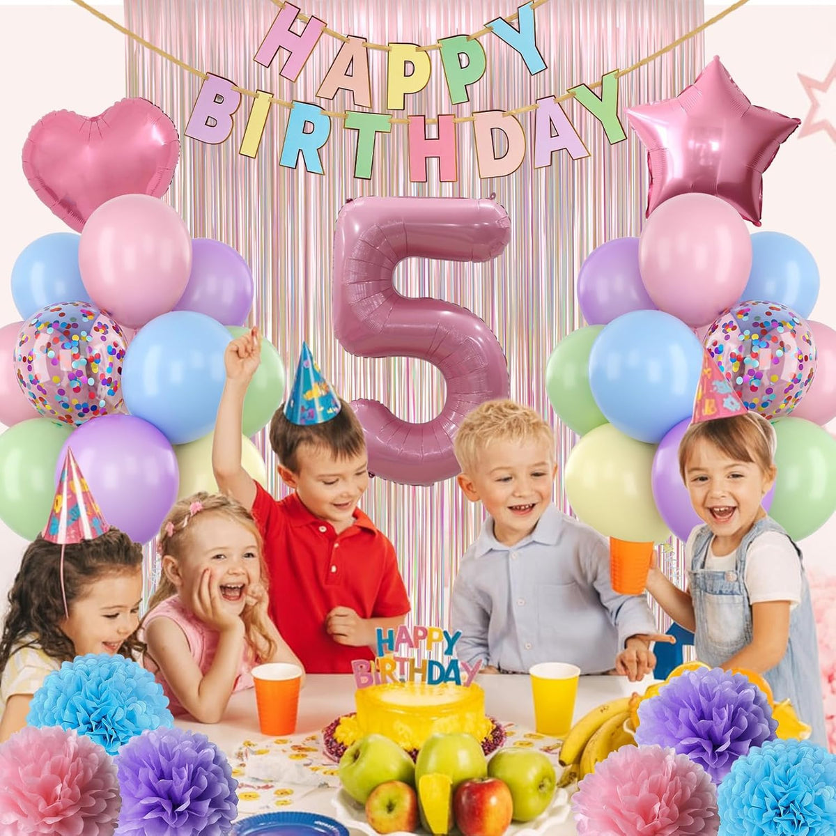 Pastel 5th Birthday Party Decorations for Girls Number 5 Balloon Happy Birthday Banner Butterfly