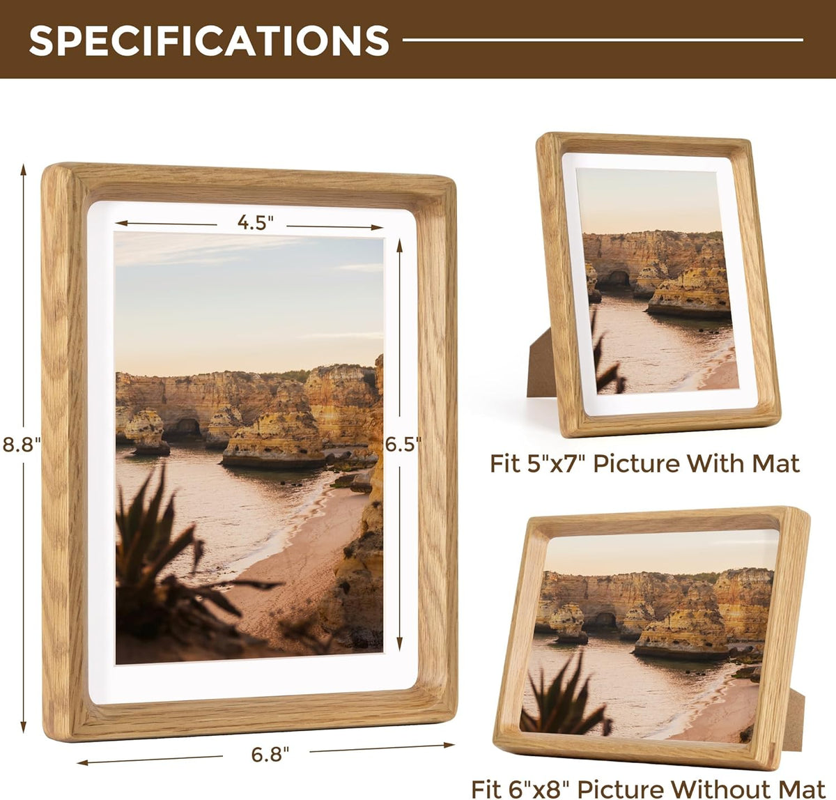 6x8 Frame USA-Sourced Natural Oak Wood Solid Wood Photo Frame Handcrafted Rounded Corner with Mat