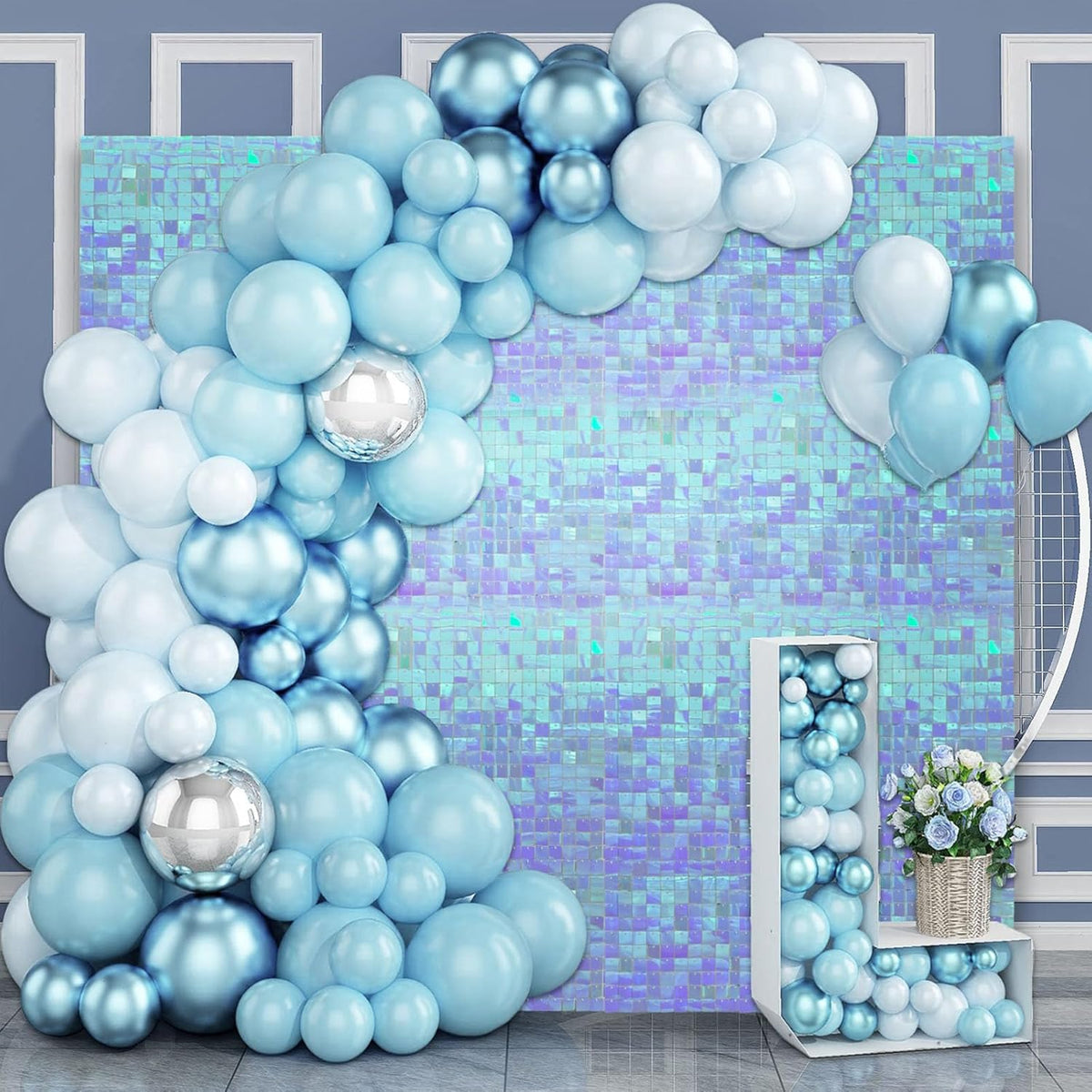 24PCS Colorful Ice Blue Shimmer Wall Backdrop, Square Sequin Photo Backdrops Panel, Glitter Wall