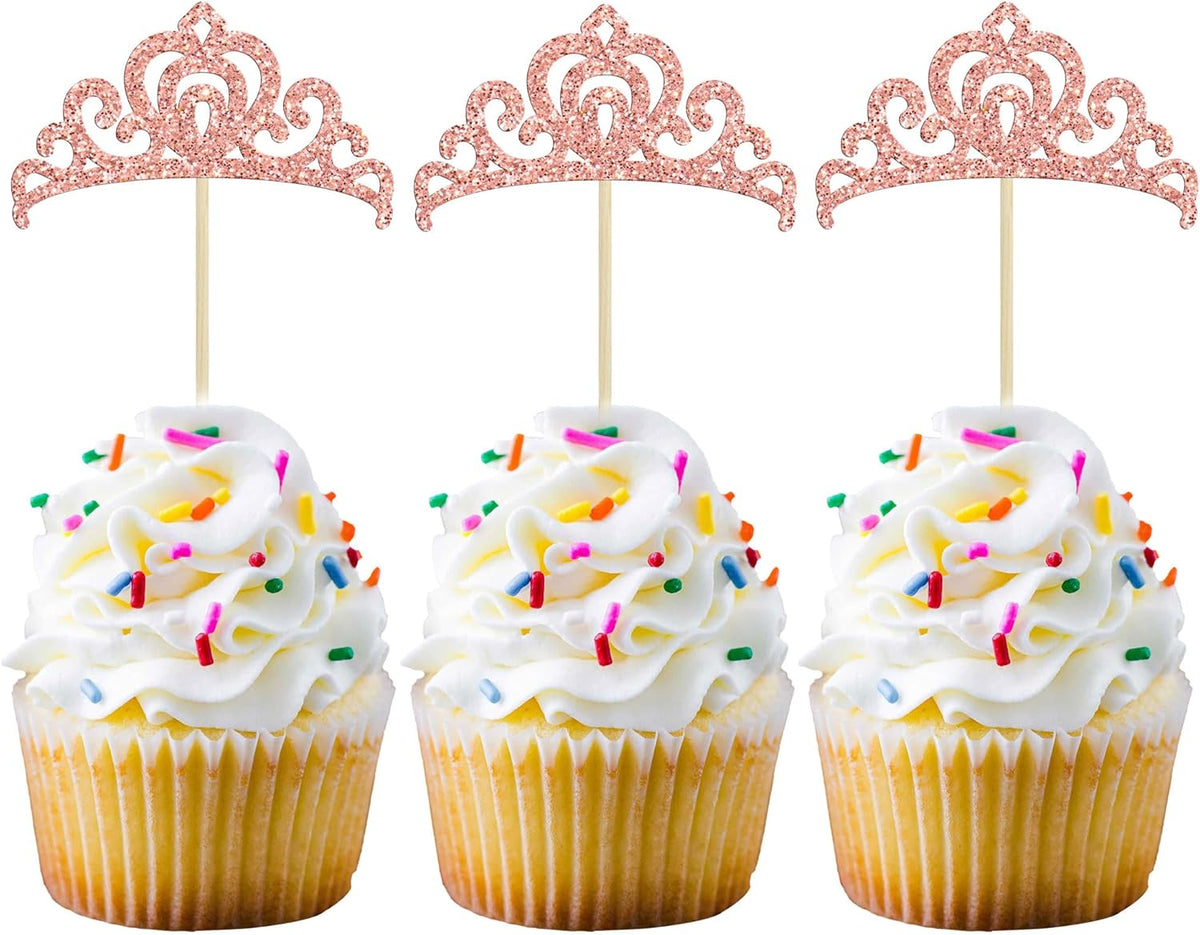 Gyufise 24Pcs Rose Gold Princess Crown Cupcake Toppers Glitter Princess Cake Pick Decorations for