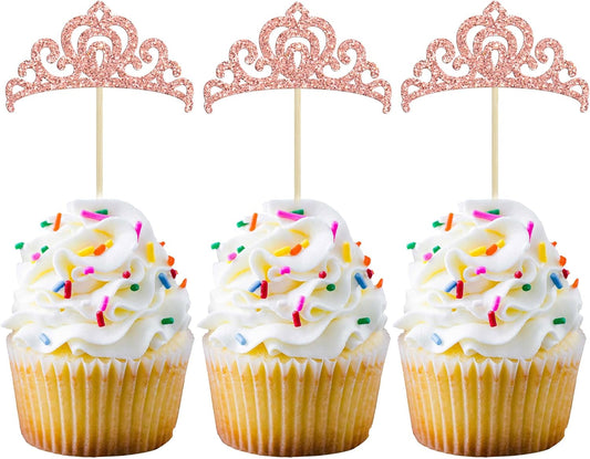 Gyufise 24Pcs Rose Gold Princess Crown Cupcake Toppers Glitter Princess Cake Pick Decorations for