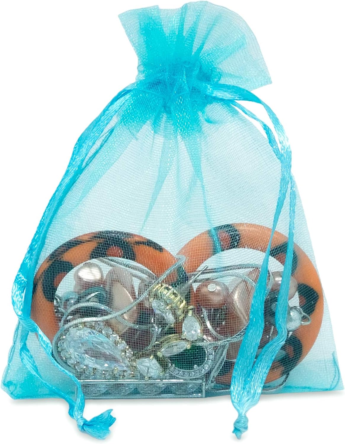 TheDisplayGuys 48-Pack 3x4 Turquoise Blue Sheer Organza Gift Bags with Drawstring, Jewelry Candy