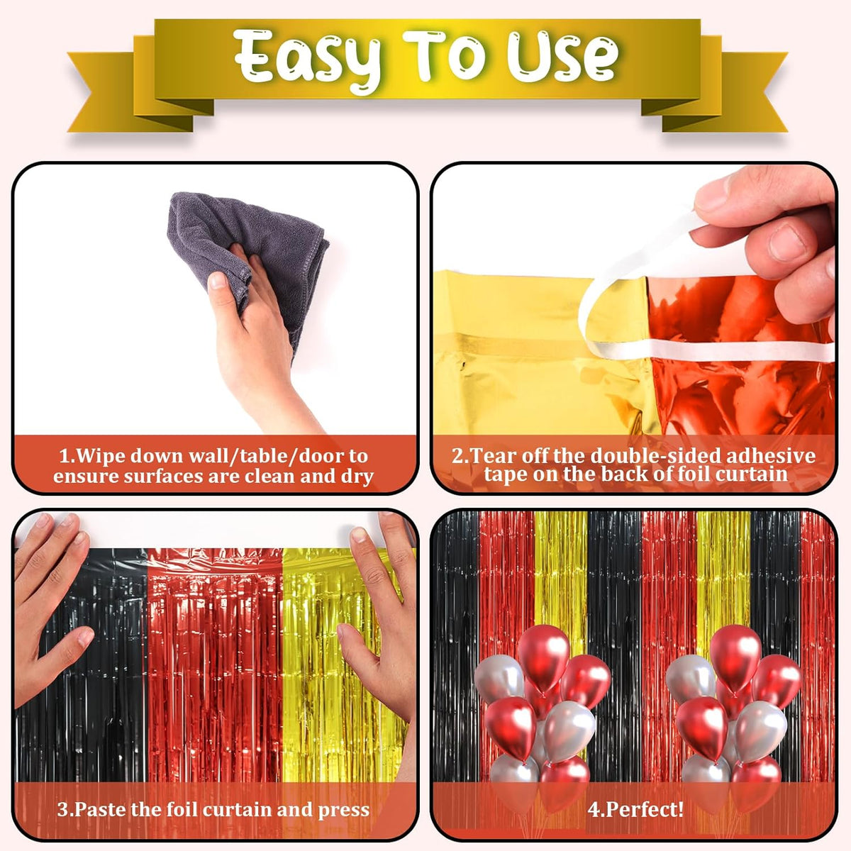 2 Pack Red Black Gold Foil Fringe Backdrop Curtains, Tinsel Streamers Party Decorations, Fringe