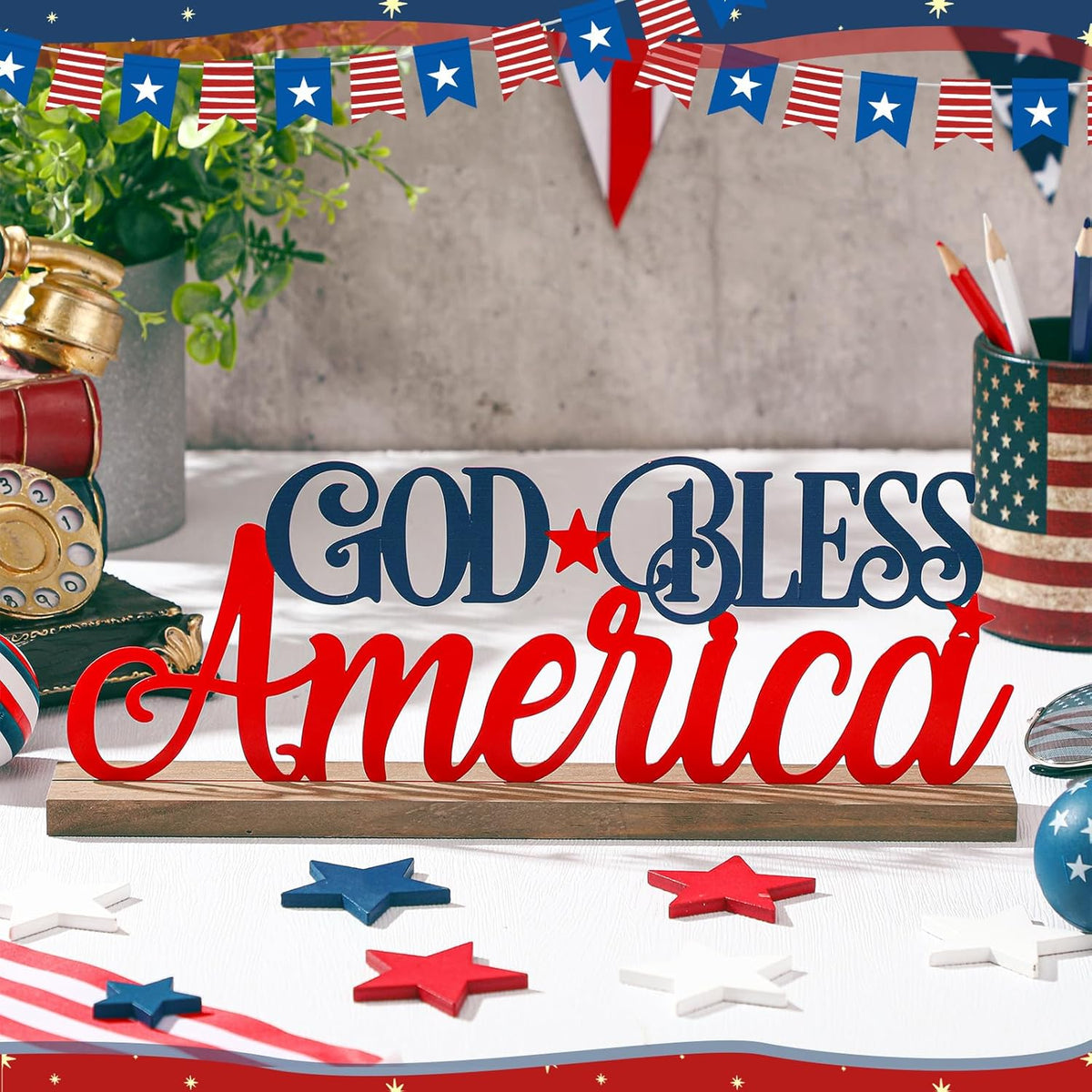 Patriotic God Bless America Metal Sign Rustic Table Decor Holiday Tiered Tray Decor with Wooden