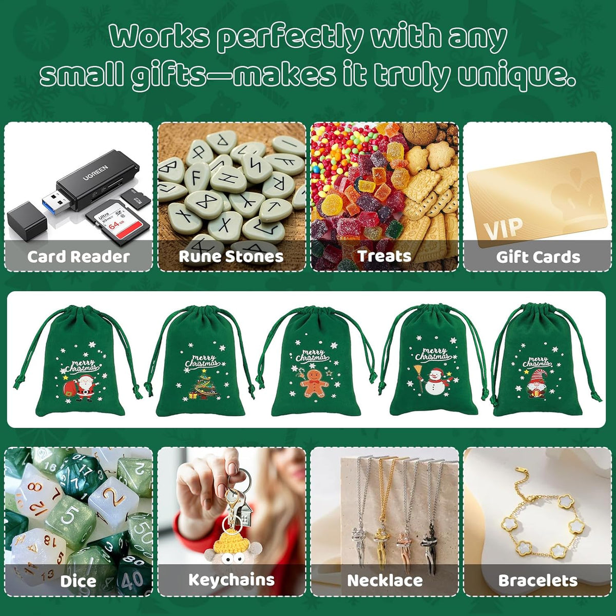 Tapleap Christmas Bags with Drawstring - 50Pcs 3x4 Green Velvet Coth for Wrapping Christmas Party