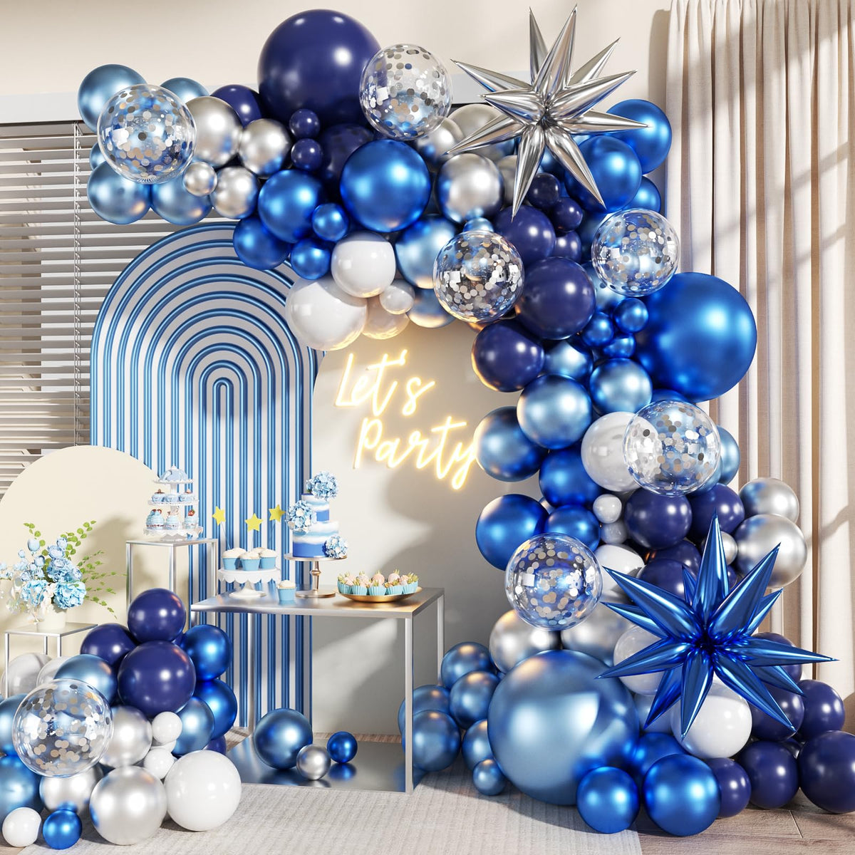 LANGASQUE Blue Silver Balloon Garland Arch Kit for Birthday Decorations