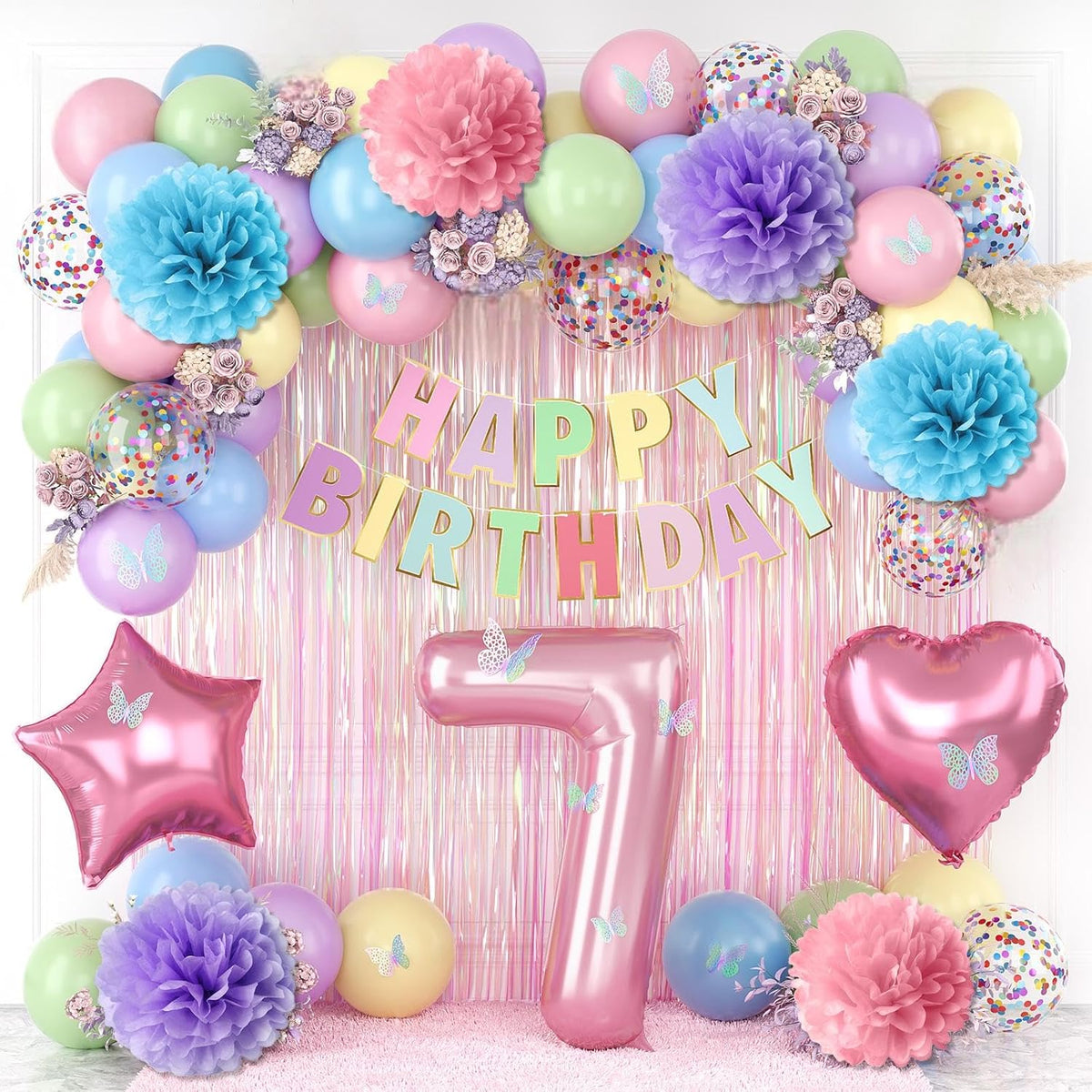 Pastel 7th Birthday Party Decorations for Girls Number 7 Balloon Happy Birthday Banner Butterfly