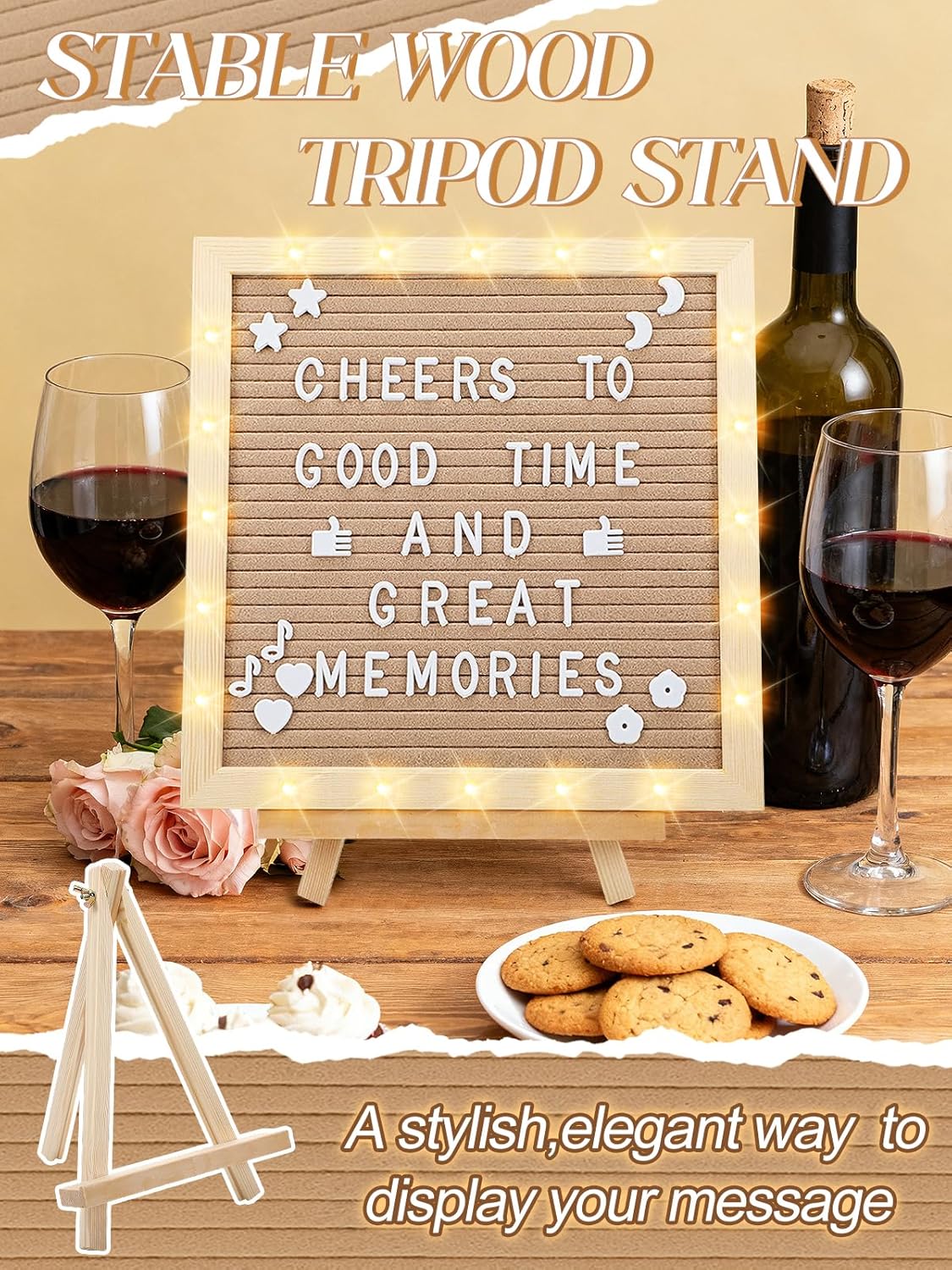 Light up Changeable Felt Letter Board Sign with LED Lights - 10×10" Message Board & Wood Stand &