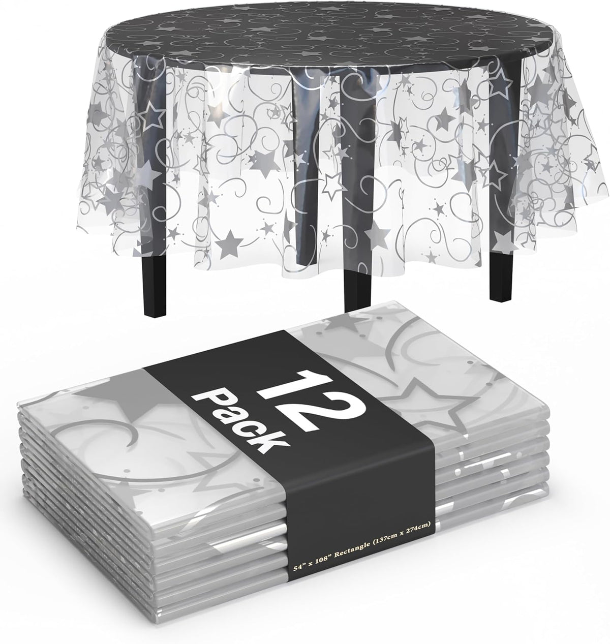 Exquisite Clear Silver Star Tablecloth Plastic 12-Pack Disposable Round Tablecloths 84" Silver Star