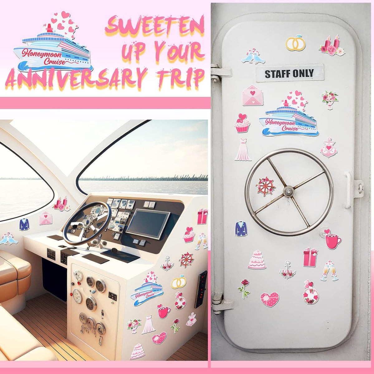 Oudain 19 Pcs Honeymoon Cruise Door Decorations Wedding Cruise Door Magnets Anniversary Sign