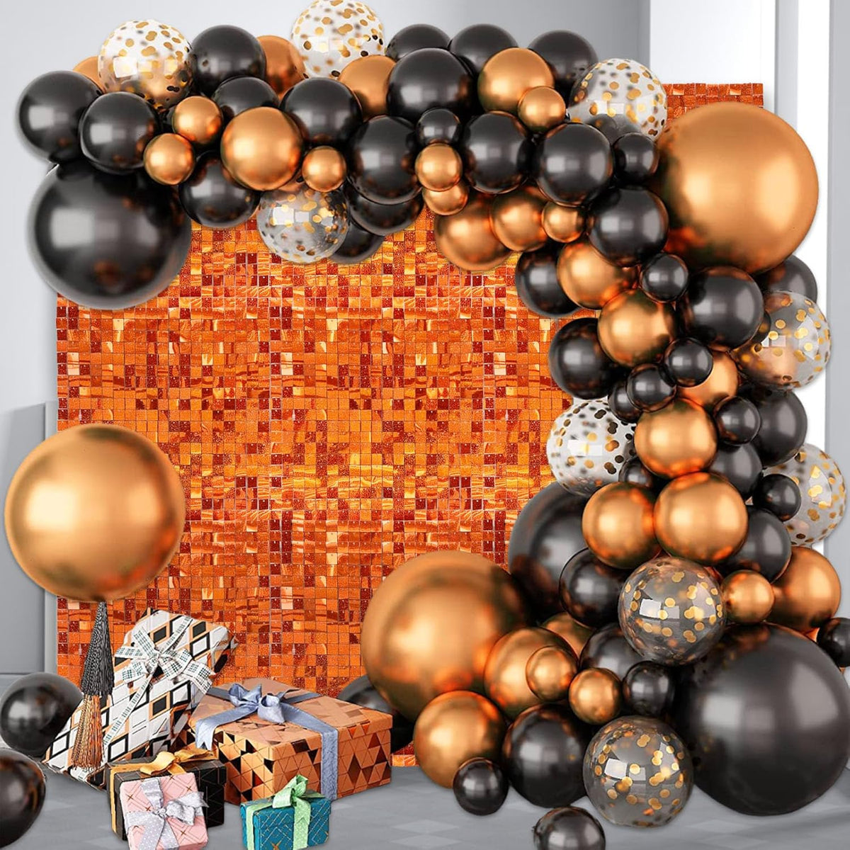 24PCS Orange Shimmer Wall Backdrop, Laser Square Sequin Photo Backdrops Panel, Glitter Wall