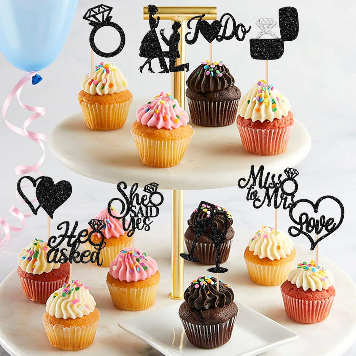 30 PCS He Asked She Said Yes Cupcake Toppers Glitter Engagement Cupcake Toppers Miss to Mrs I Do